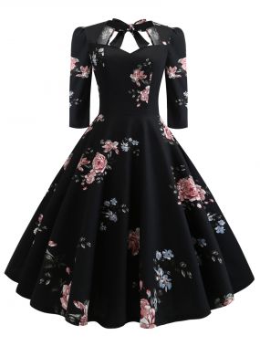 50s платье с бантом и цветочным принтом