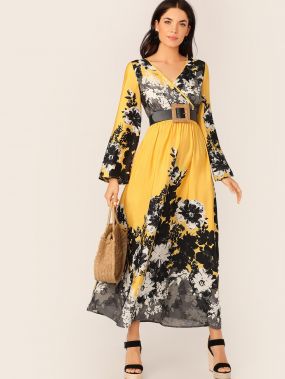 Платье с цветочным принтом, оригинальным рукавом, высокой талией и глубоким V-образным вырезом