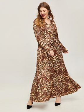 Размера плюс леопардовое платье с поясом и запахом