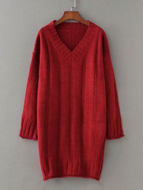 Однотонный длинный джемпер-пуловер с v-образным вырезом