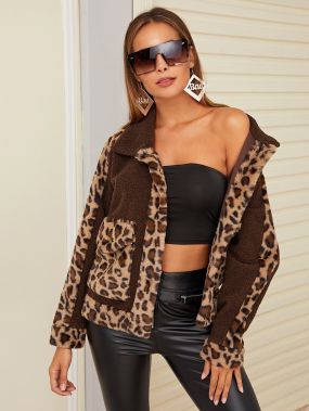 Контрастное леопардовое плюшевое пальто с карманом