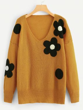 Плюс размеры цветочный свитер с v-образным вырезом
