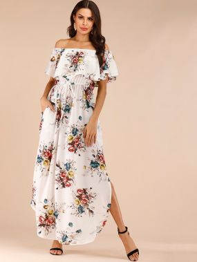 Платье на кулиске с открытыми плечами и цветочным принтом