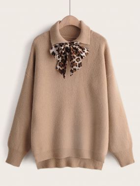 Леопардовый асимметричный свитер с узлом