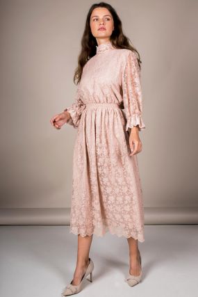Платье Черешня кружевное с пышным рукавом пудровое (40-44)
