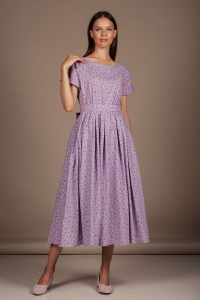 Платье Черешня с пышной юбкой и поясом фиолетовое в цветок (38-42)