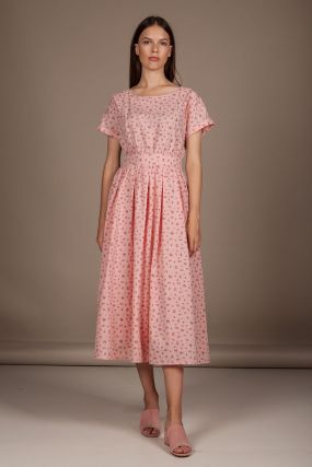 Платье Черешня с пышной юбкой и поясом розовое в цветок (42-46)