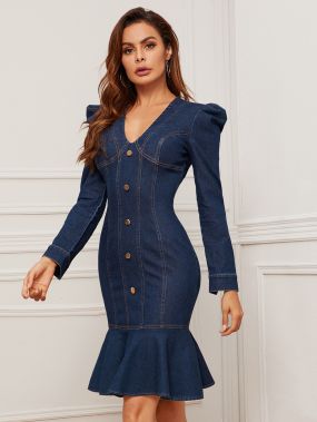 Облегающее джинсовое платье-русалка с пуговицами без пояса