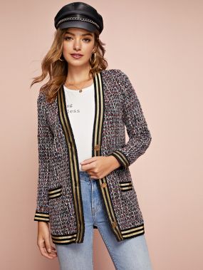 Твидовое блестящее пальто с полосками
