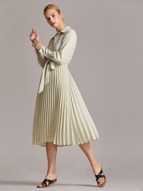 Премиум Плиссированное платье-рубашка с пуговицами и поясом