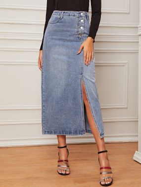 Прямая джинсовая юбка с пуговицами и разрезом