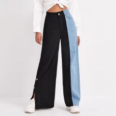 Контрастные широкие джинсы с высокой талией