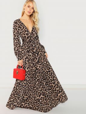 Макси Платье С V-Образным И Леопардовым Принтом