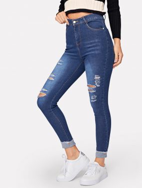 Однотонные рваные обтягивающие джинсы