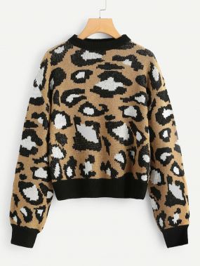 Размера плюс леопардовый свитер с контрастной отделкой
