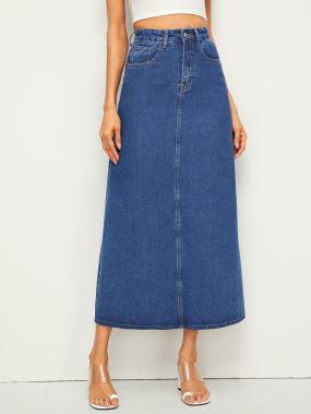 Длинная джинсовая юбка с карманом