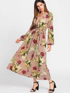 Модное платье с запахом и цветочным принтом, рукав-фонарик