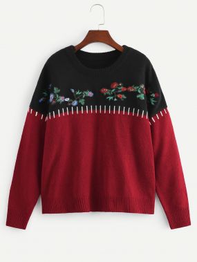 Размера плюс двухцветный свитер с вставкой и принтом вышитых цветов