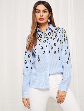 Рубашка в полоску с леопардовым принтом
