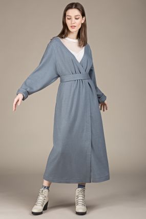 Платье-кардиган Черешня шерстяное с открытыми плечами на запахе серо-голубое (42-46)