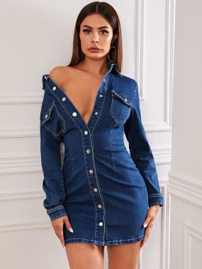 Облегающее джинсовое платье-рубашка с пуговицами