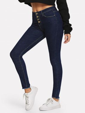Обтягивающие джинсы с необработанным краем и пуговицами