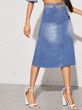 Прямая джинсовая юбка-миди с необработанным низом