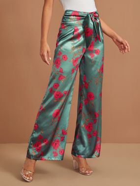 Атласные палаццо брюки с цветочным принтом