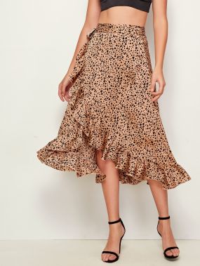 Леопардовая атласная юбка на запах с оборкой и завязкой