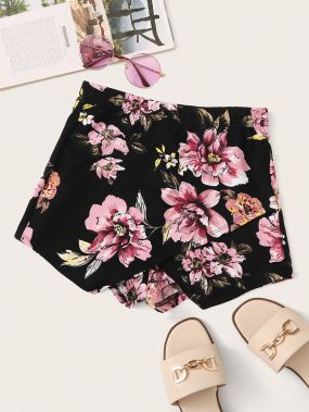 Асимметричные шорты-юбка с цветочным принтом