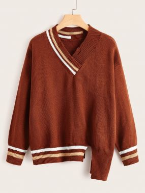 Рваный асимметричный свитер в полоску размера плюс