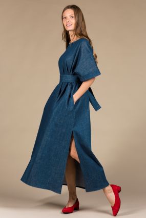 Платье Черешня из джинсовой ткани с поясом (40-46)